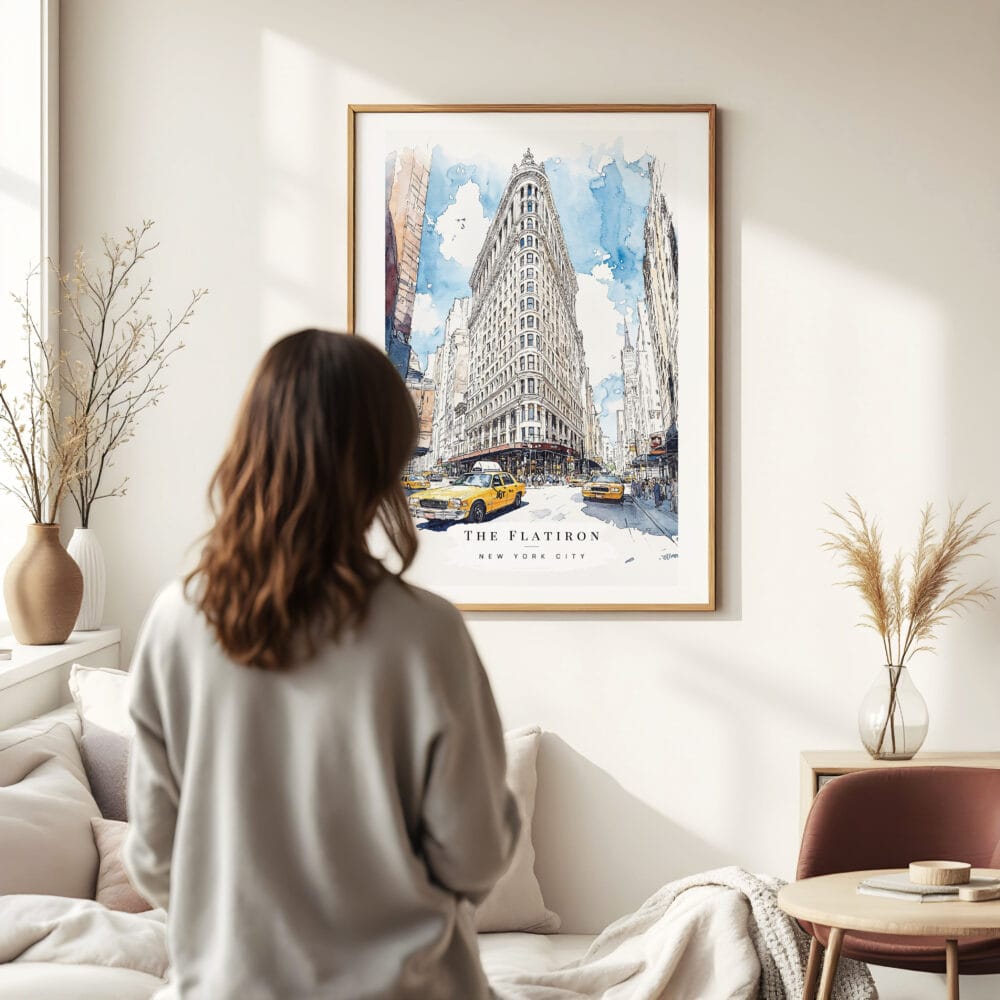 Woman standing in front of Flatiron Watercolor Art Print Woman standing in front of Flatiron Watercolor Art Print