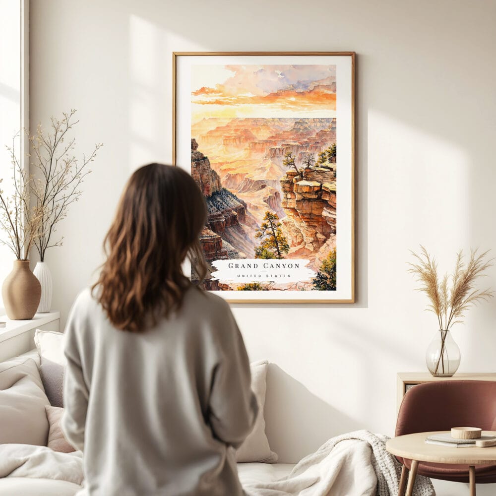 Woman standing in front of Grand Canyon Watercolor Art Print Woman standing in front of Grand Canyon Watercolor Art Print