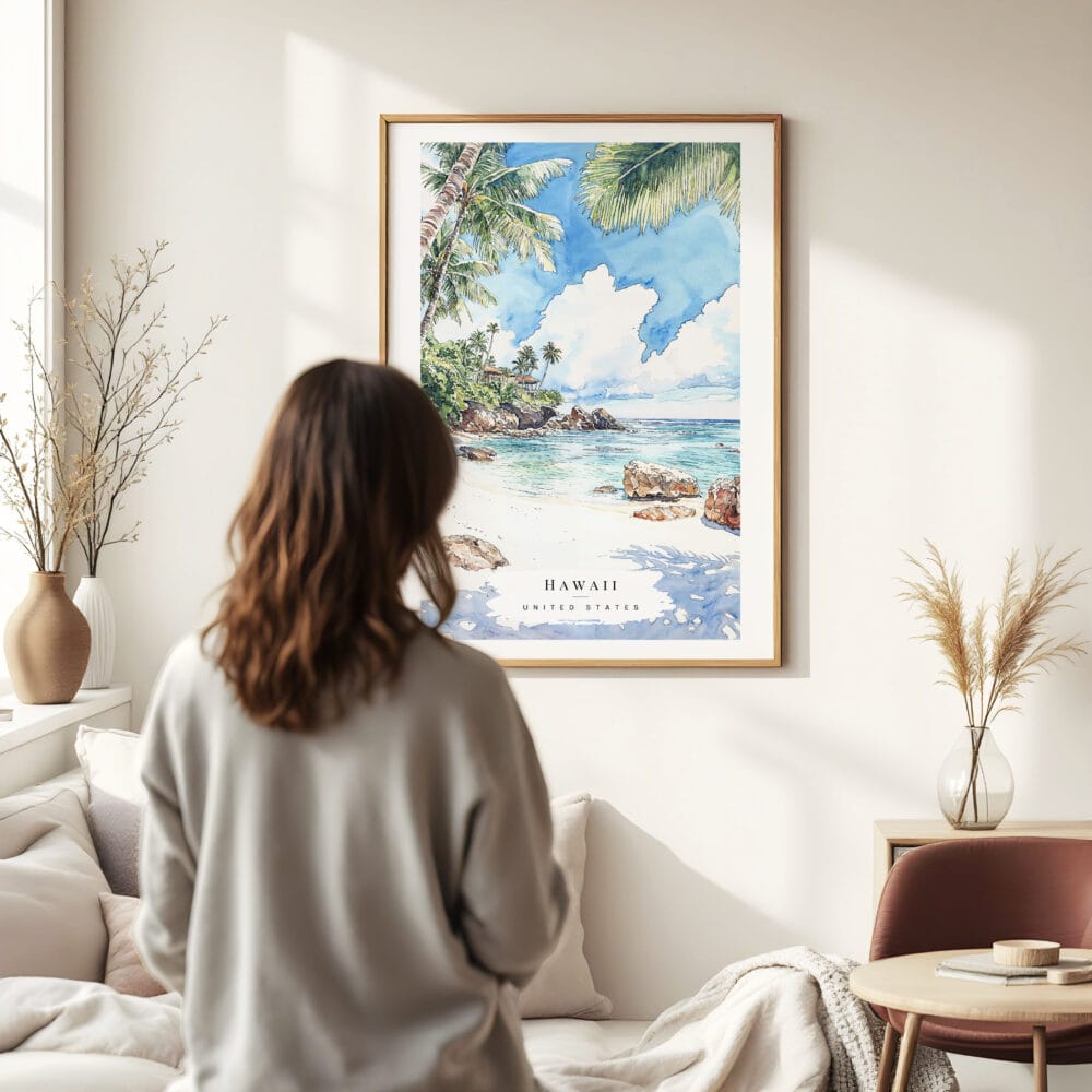 Woman standing in front of Hawaii Watercolor Art Print Woman standing in front of Hawaii Watercolor Art Print