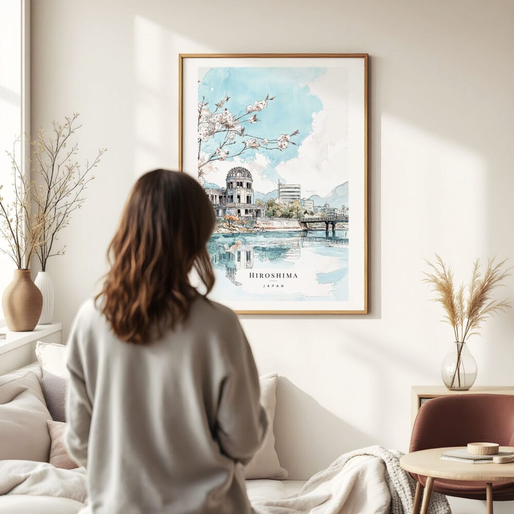 Woman standing in front of Hiroshima Watercolor Art Print Woman standing in front of Hiroshima Watercolor Art Print