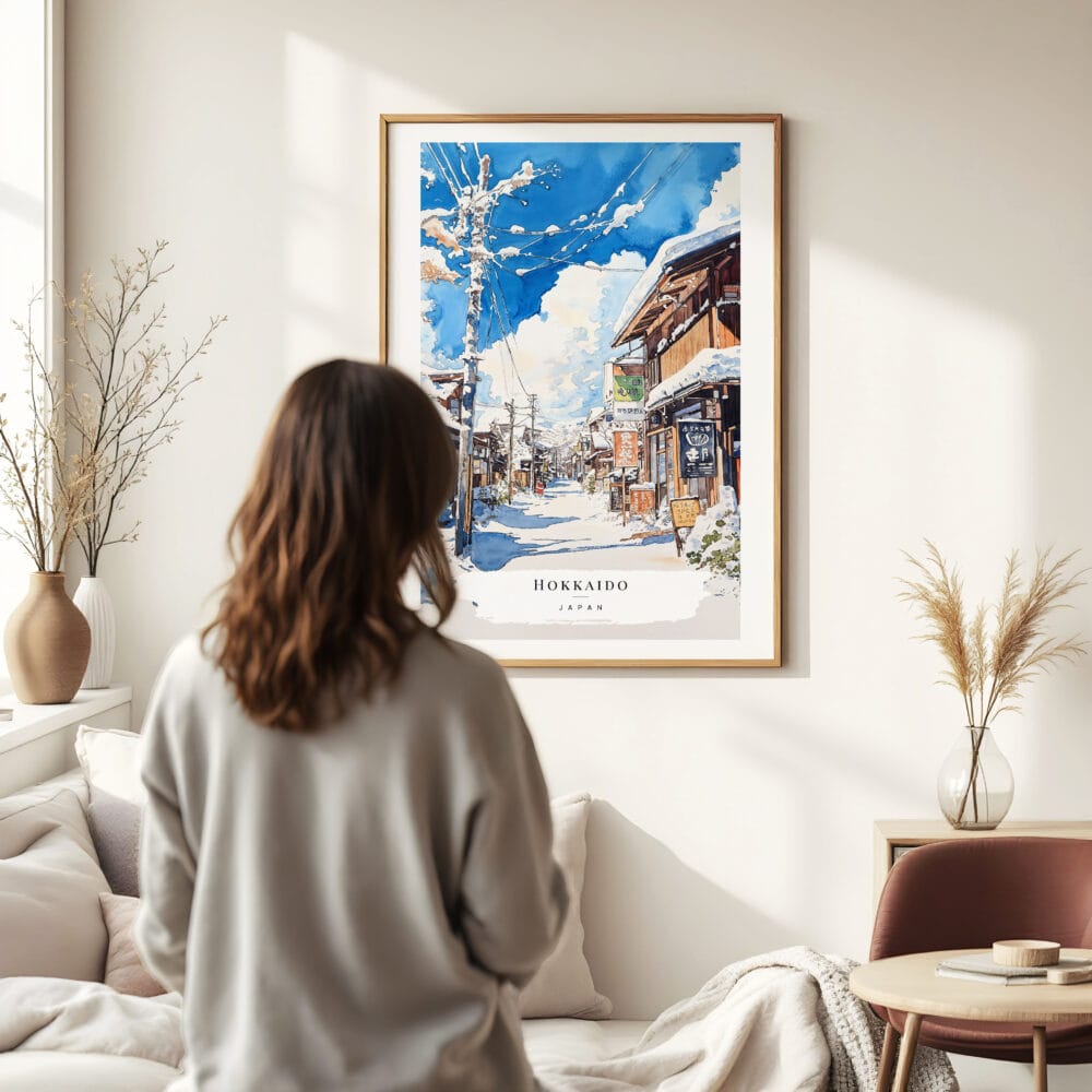 Woman standing in front of Hokkaido Village Watercolor Art Print Woman standing in front of Hokkaido Village Watercolor Art Print