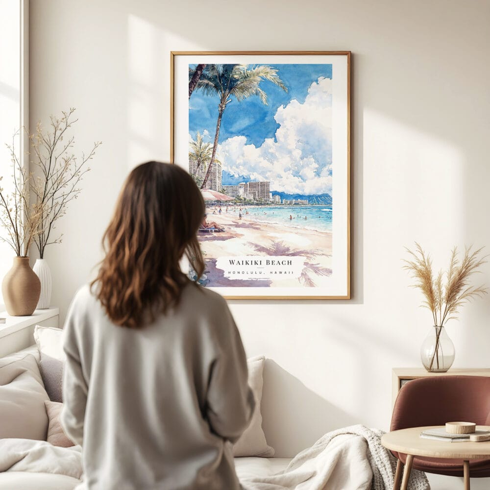 Woman standing in front of Honolulu Waikiki Watercolor Art Print Woman standing in front of Honolulu Waikiki Watercolor Art Print