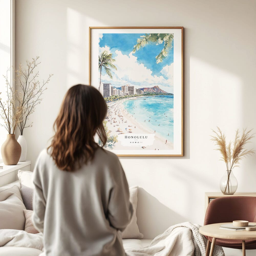 Woman standing in front of Honolulu Watercolor Art Print Woman standing in front of Honolulu Watercolor Art Print