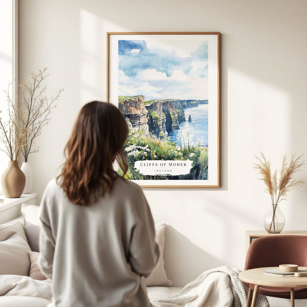 Woman standing in front of Ireland - Cliffs of Moher Watercolor Art Print Woman standing in front of Ireland - Cliffs of Moher Watercolor Art Print
