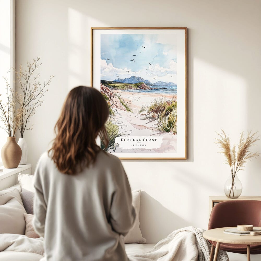 Woman standing in front of Ireland - Donegal Coast Watercolor Art Print Woman standing in front of Ireland - Donegal Coast Watercolor Art Print