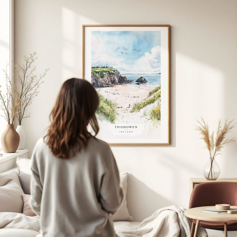 Woman standing in front of Ireland - Inishowen Watercolor Art Print Woman standing in front of Ireland - Inishowen Watercolor Art Print