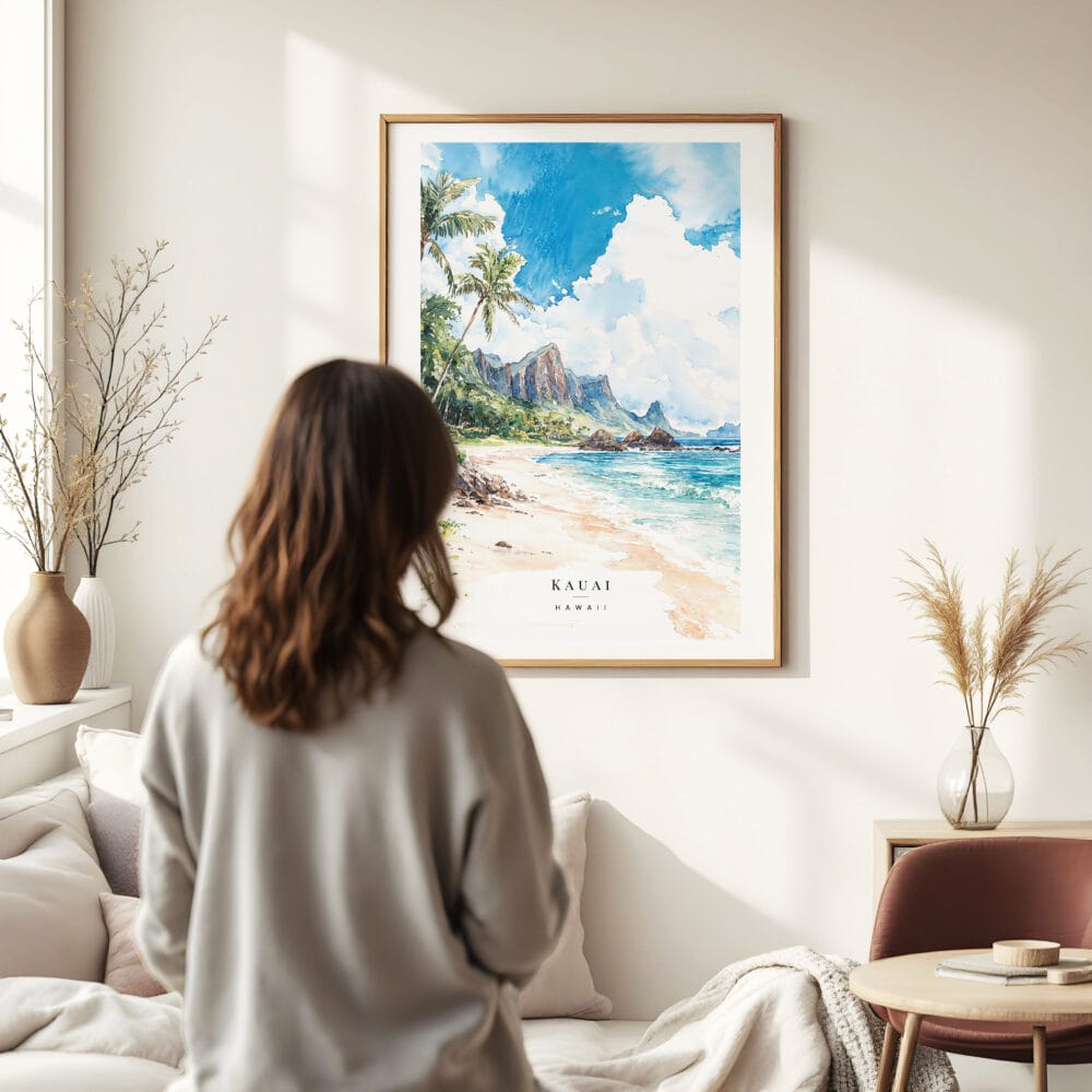 Woman standing in front of Kauai Watercolor Art Print Woman standing in front of Kauai Watercolor Art Print
