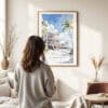 Woman standing in front of Key West Beach House Watercolor Art Print