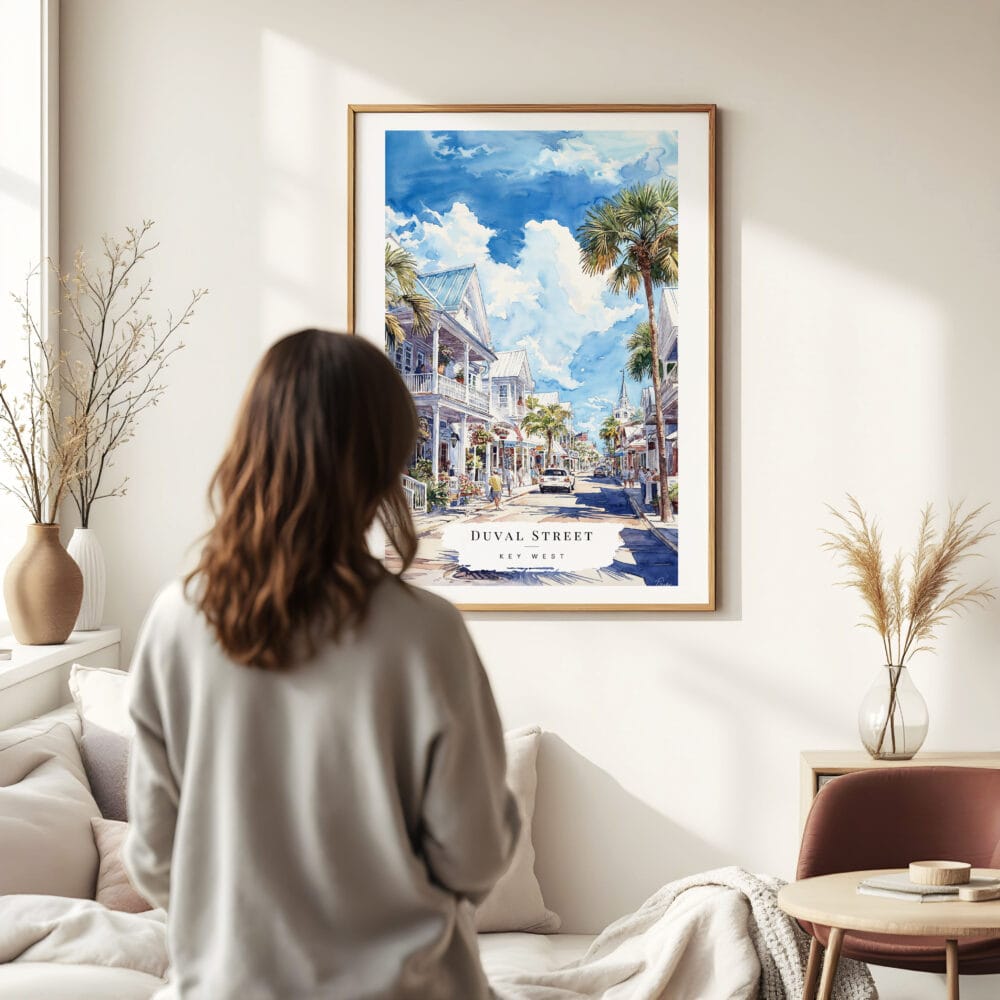 Woman standing in front of Key West - Duval street Watercolor Art Print Woman standing in front of Key West - Duval street Watercolor Art Print