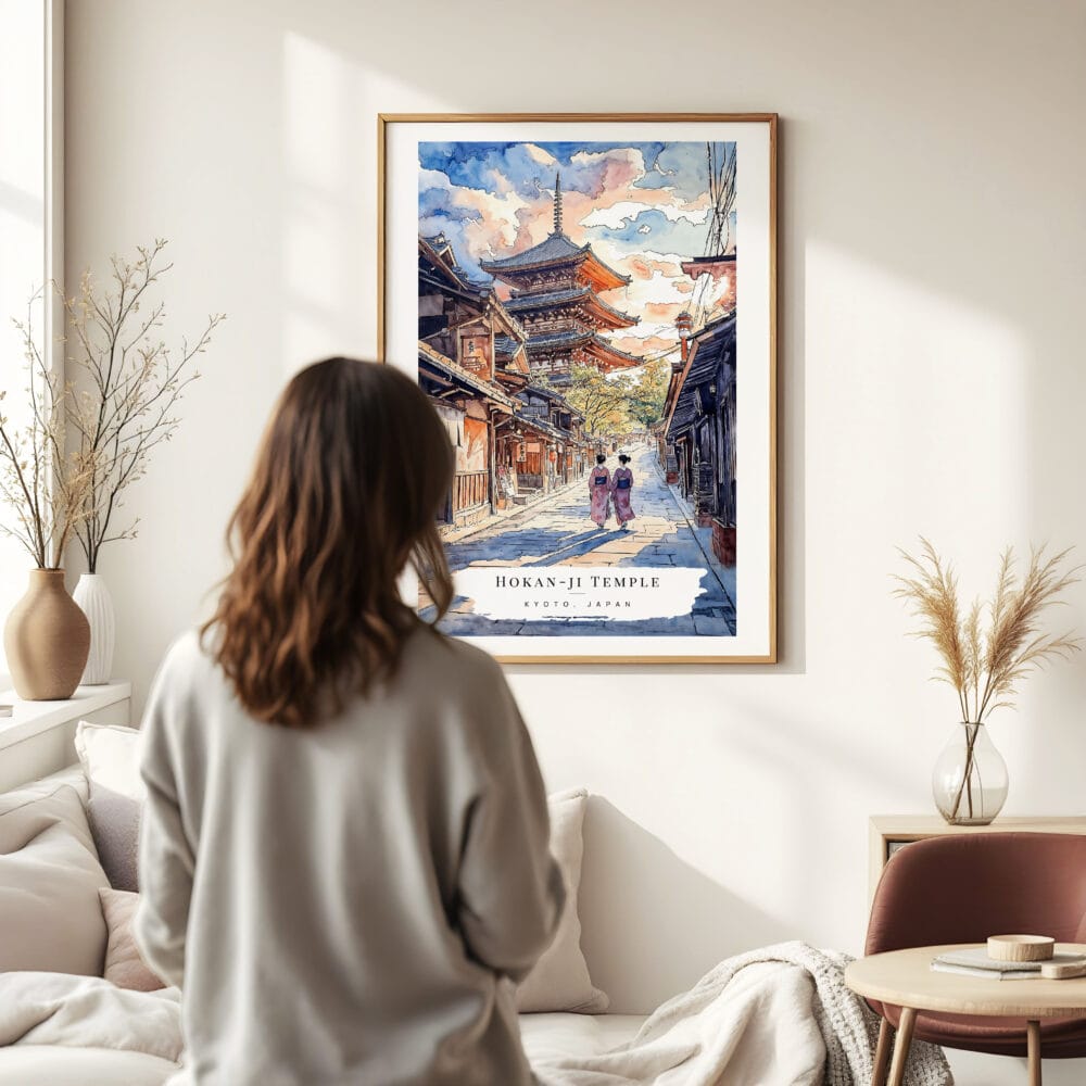 Woman standing in front of Kyoto Hokan-ji Temple Watercolor Art Print Woman standing in front of Kyoto Hokan-ji Temple Watercolor Art Print