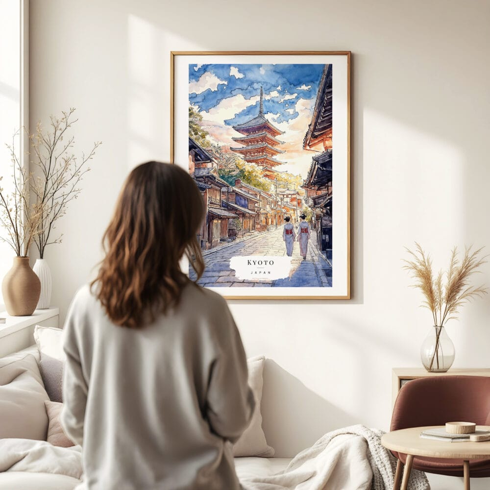 Woman standing in front of Kyoto Pagoda Watercolor 1 Art Print Woman standing in front of Kyoto Pagoda Watercolor 1 Art Print