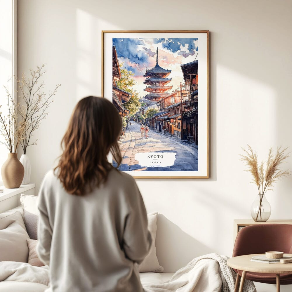 Woman standing in front of Kyoto Yasaka Pagoda - Sunset Watercolor 2 Art Print Woman standing in front of Kyoto Yasaka Pagoda - Sunset Watercolor 2 Art Print