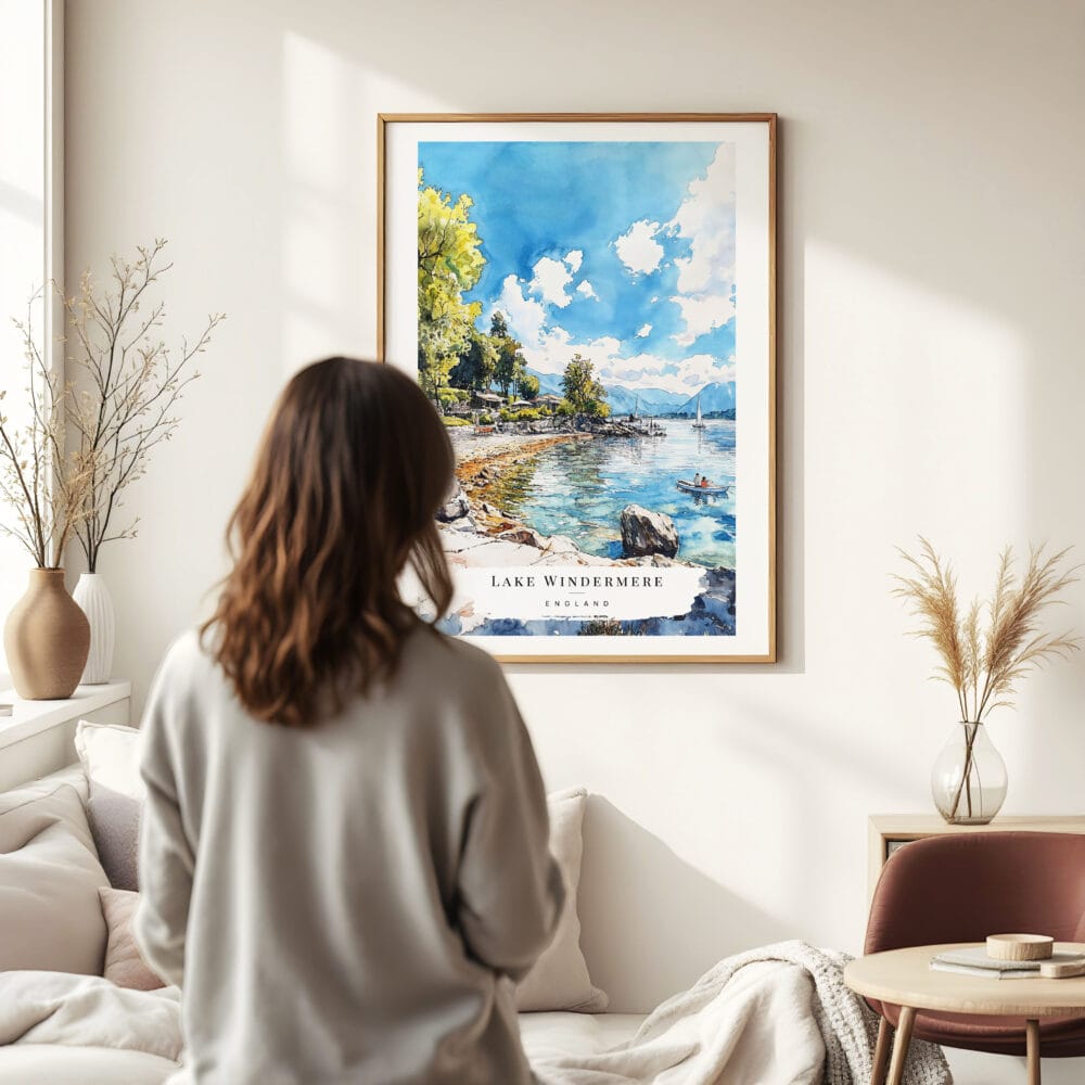 Woman standing in front of Lake Windermere Watercolor 1 Art Print Woman standing in front of Lake Windermere Watercolor 1 Art Print