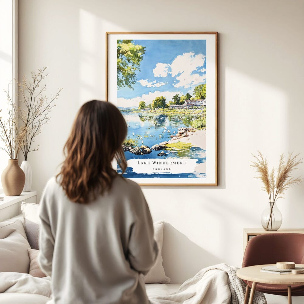 Woman standing in front of Lake Windermere Watercolor 2 Art Print Woman standing in front of Lake Windermere Watercolor 2 Art Print