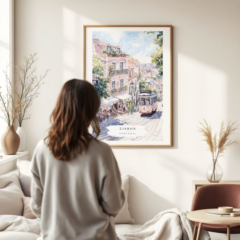 Woman standing in front of Lisbon 1 Watercolor Art Print Woman standing in front of Lisbon 1 Watercolor Art Print
