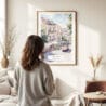 Woman standing in front of Lisbon 1 Watercolor Art Print