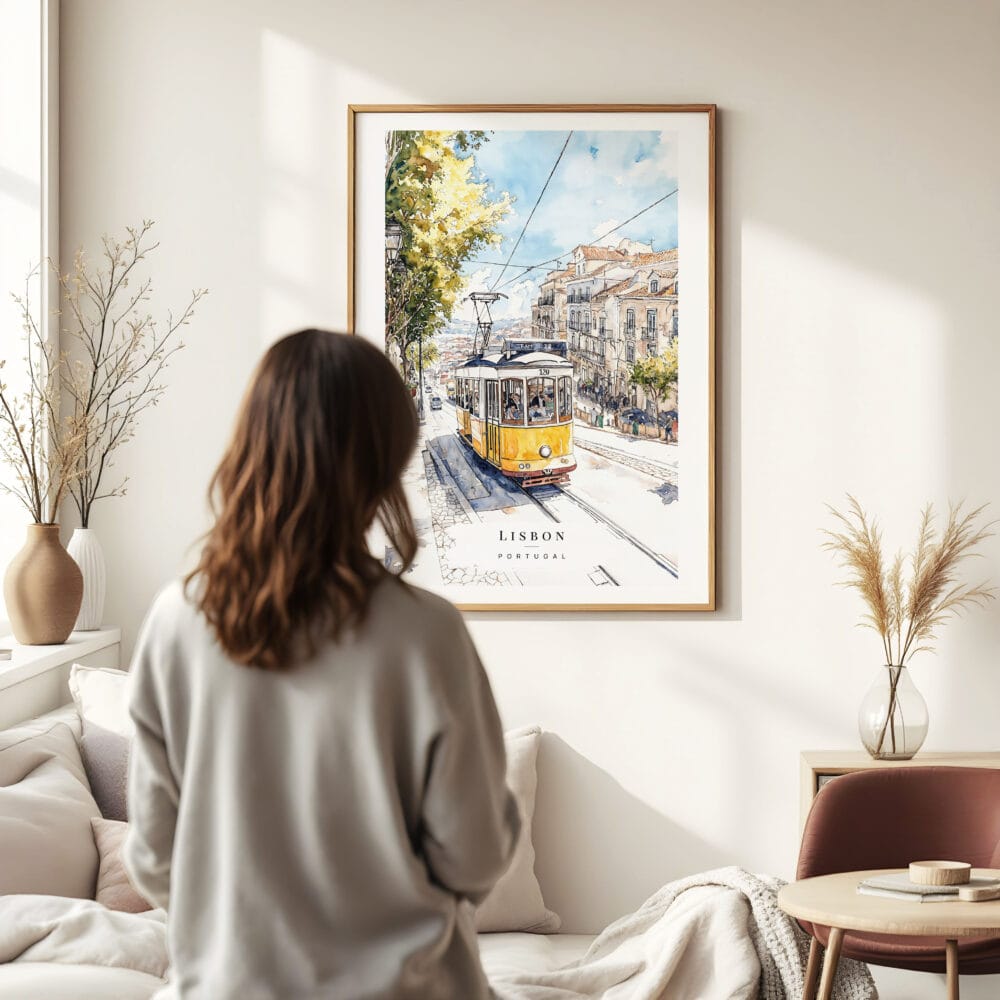 Woman standing in front of Lisbon Tram 28 Watercolor Art Print Woman standing in front of Lisbon Tram 28 Watercolor Art Print