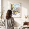 Woman standing in front of Lisbon Tram 28 Watercolor Art Print