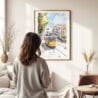 Woman standing in front of Lisbon Tram 28 Watercolor Art Print