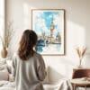 Woman standing in front of London Big Ben Watercolor Art Print
