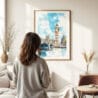 Woman standing in front of London Big Ben Watercolor Art Print