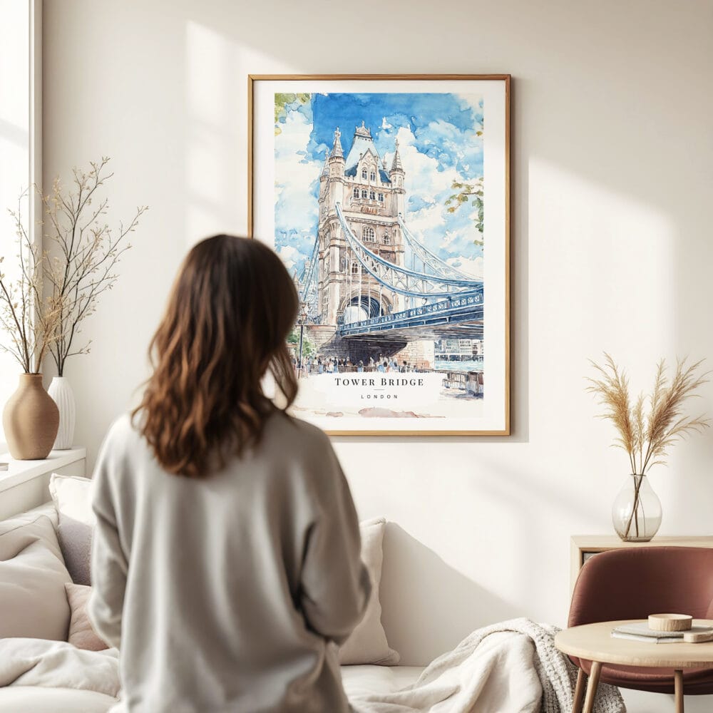 Woman standing in front of London Tower Bridge Watercolor Art Print Woman standing in front of London Tower Bridge Watercolor Art Print