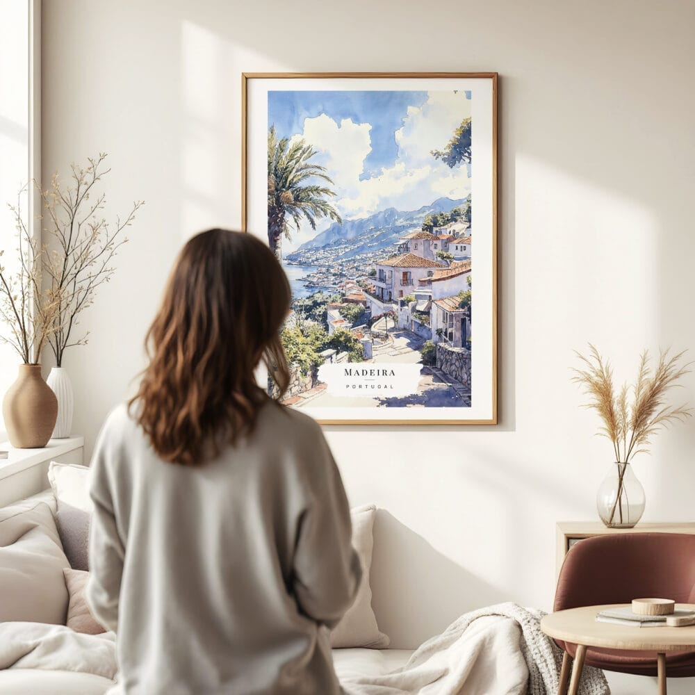 Woman standing in front of Madeira Watercolor Art Print Woman standing in front of Madeira Watercolor Art Print