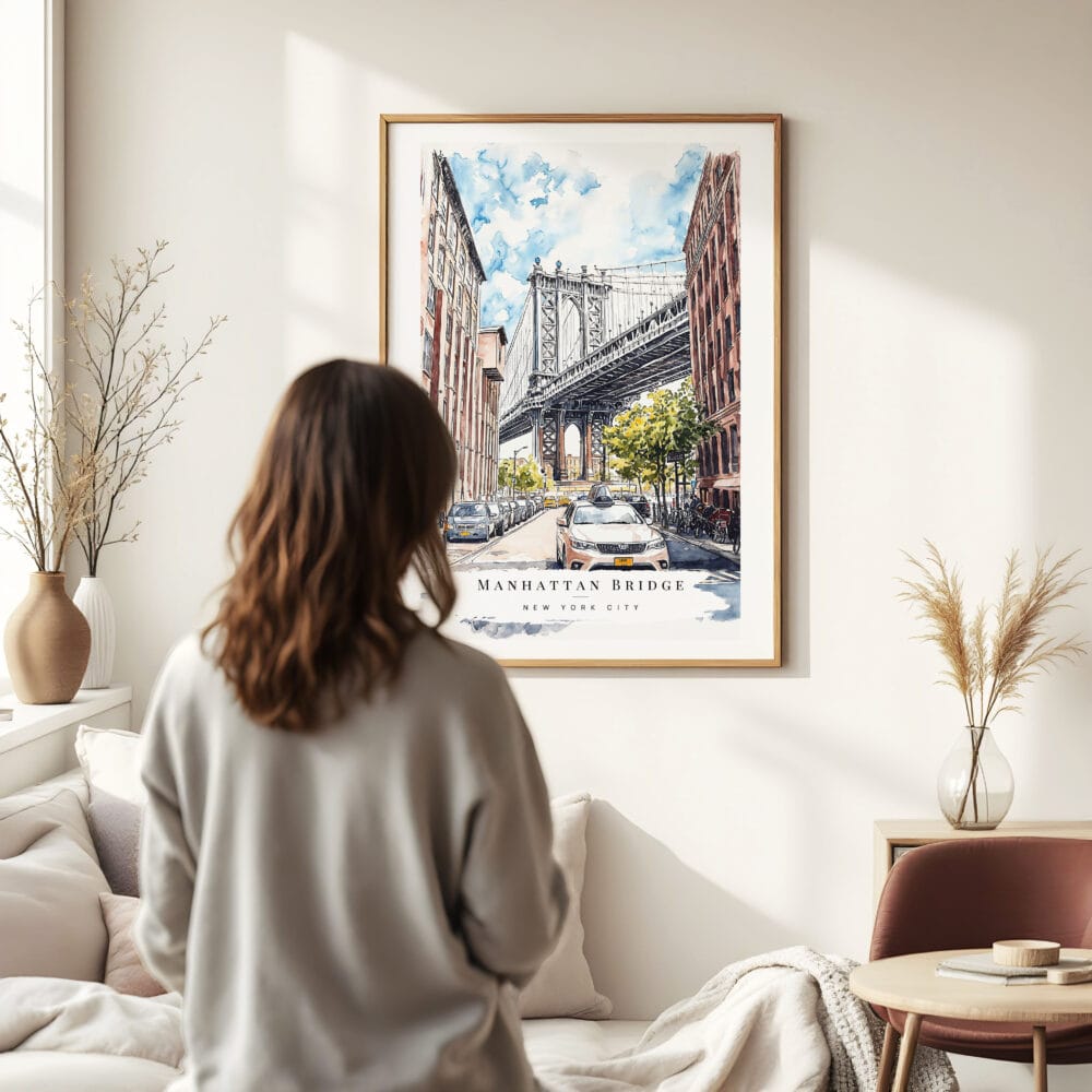 Woman standing in front of Manhattan Bridge Watercolor Art Print Woman standing in front of Manhattan Bridge Watercolor Art Print