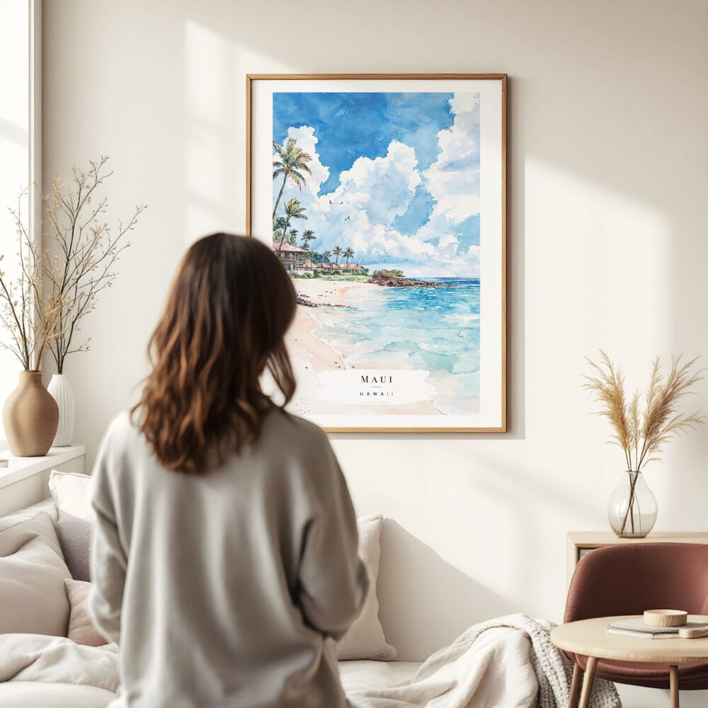 Woman standing in front of Maui Watercolor Art Print Woman standing in front of Maui Watercolor Art Print