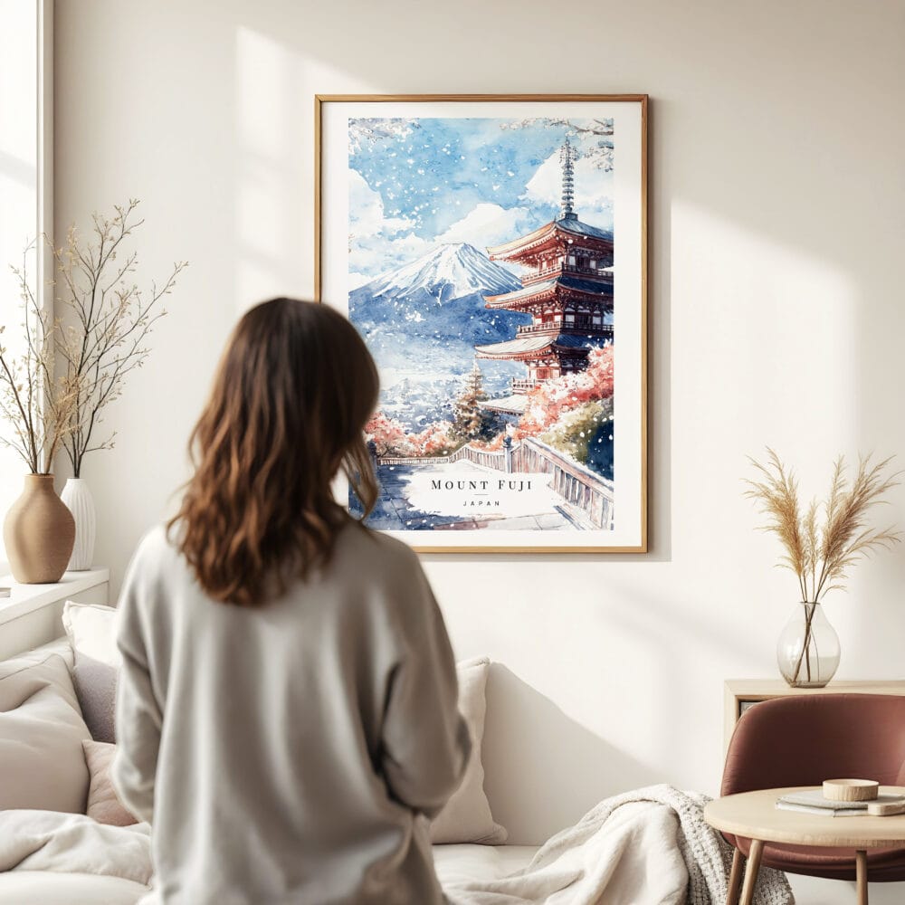 Woman standing in front of Mount Fuji and Pagoda Watercolor Art Print Woman standing in front of Mount Fuji and Pagoda Watercolor Art Print