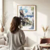Woman standing in front of Mount Fuji and Village Watercolor Art Print
