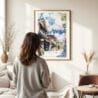 Woman standing in front of Mount Fuji and Village Watercolor Art Print