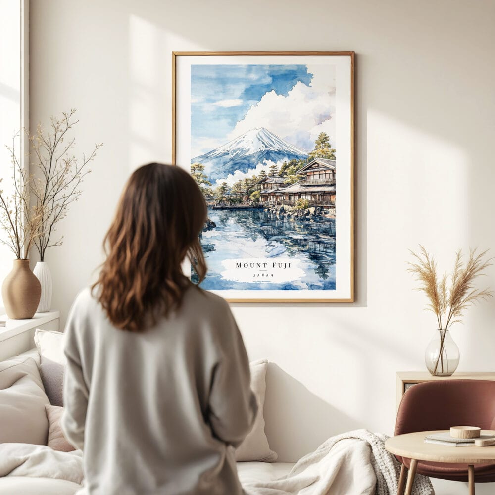 Woman standing in front of Mount Fuji from Oshino Watercolor Art Print Woman standing in front of Mount Fuji from Oshino Watercolor Art Print