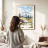 Woman standing in front of Mount Rainier Watercolor Art Print
