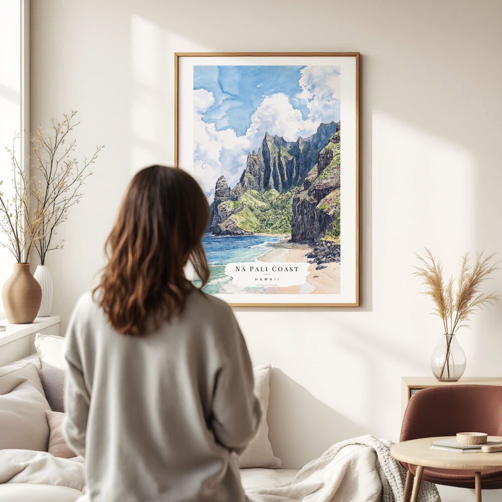 Woman standing in front of Na pali Coast Watercolor Art Print Woman standing in front of Na pali Coast Watercolor Art Print
