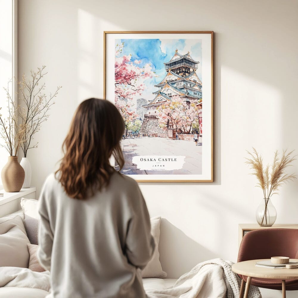 Woman standing in front of Osaka Castle Japan Watercolor Art Print Woman standing in front of Osaka Castle Japan Watercolor Art Print