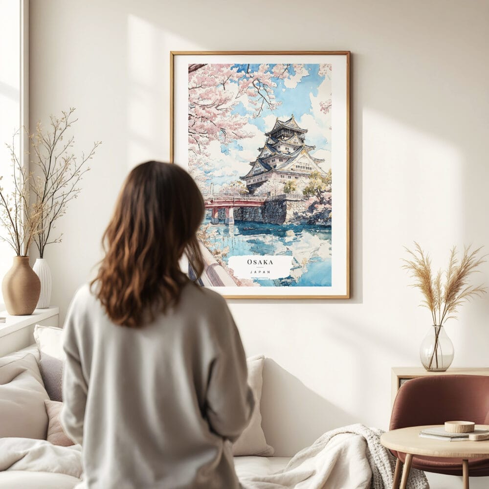 Woman standing in front of Osaka Japan Watercolor Art Print Woman standing in front of Osaka Japan Watercolor Art Print