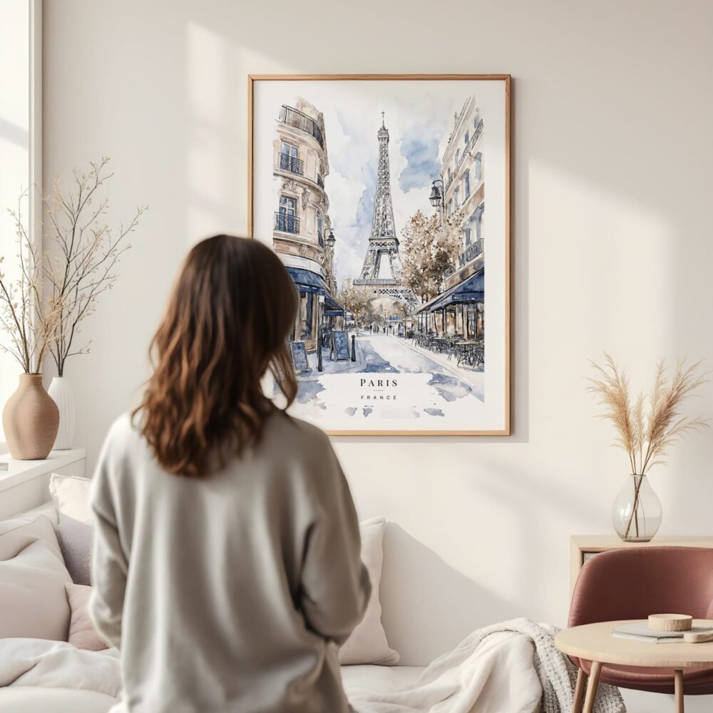 Woman standing in front of Paris Watercolor Art Print Woman standing in front of Paris Watercolor Art Print