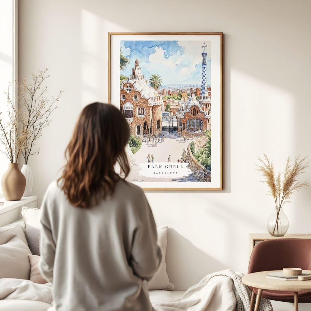 Woman standing in front of Park Guell Watercolor Art Print Woman standing in front of Park Guell Watercolor Art Print