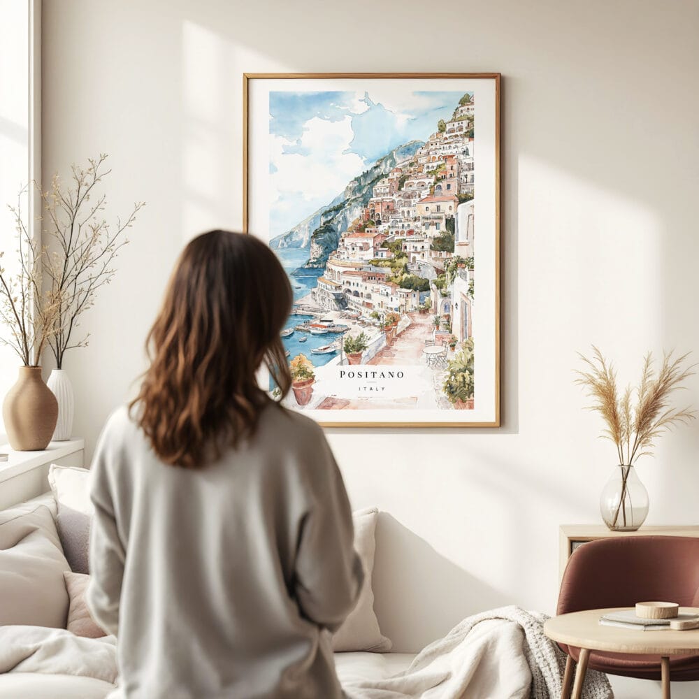 Woman standing in front of Positano Watercolor Art Print Woman standing in front of Positano Watercolor Art Print