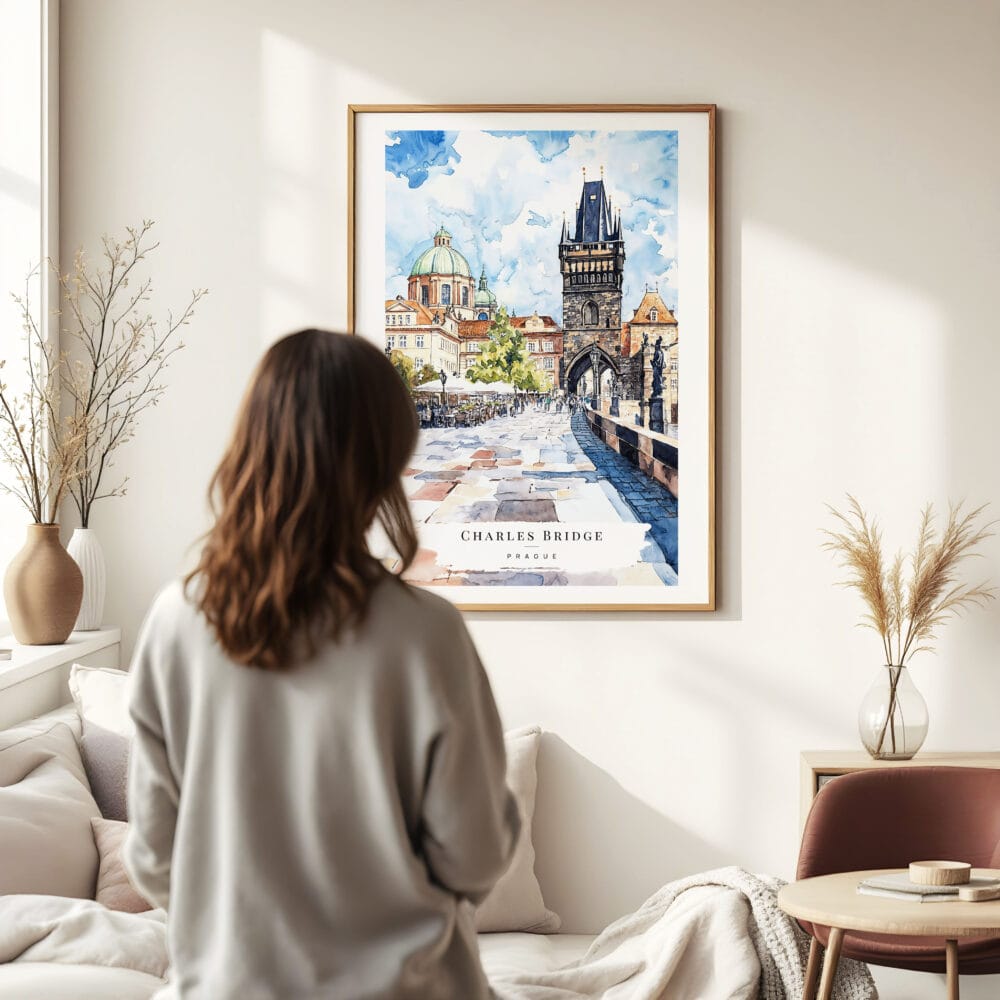 Woman standing in front of Prague Charles Bridge Watch TowerWatercolor Art Print Woman standing in front of Prague Charles Bridge Watch TowerWatercolor Art Print