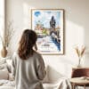 Woman standing in front of Prague Charles Bridge Watch TowerWatercolor Art Print