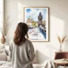 Woman standing in front of Prague Charles Bridge Watch TowerWatercolor Art Print