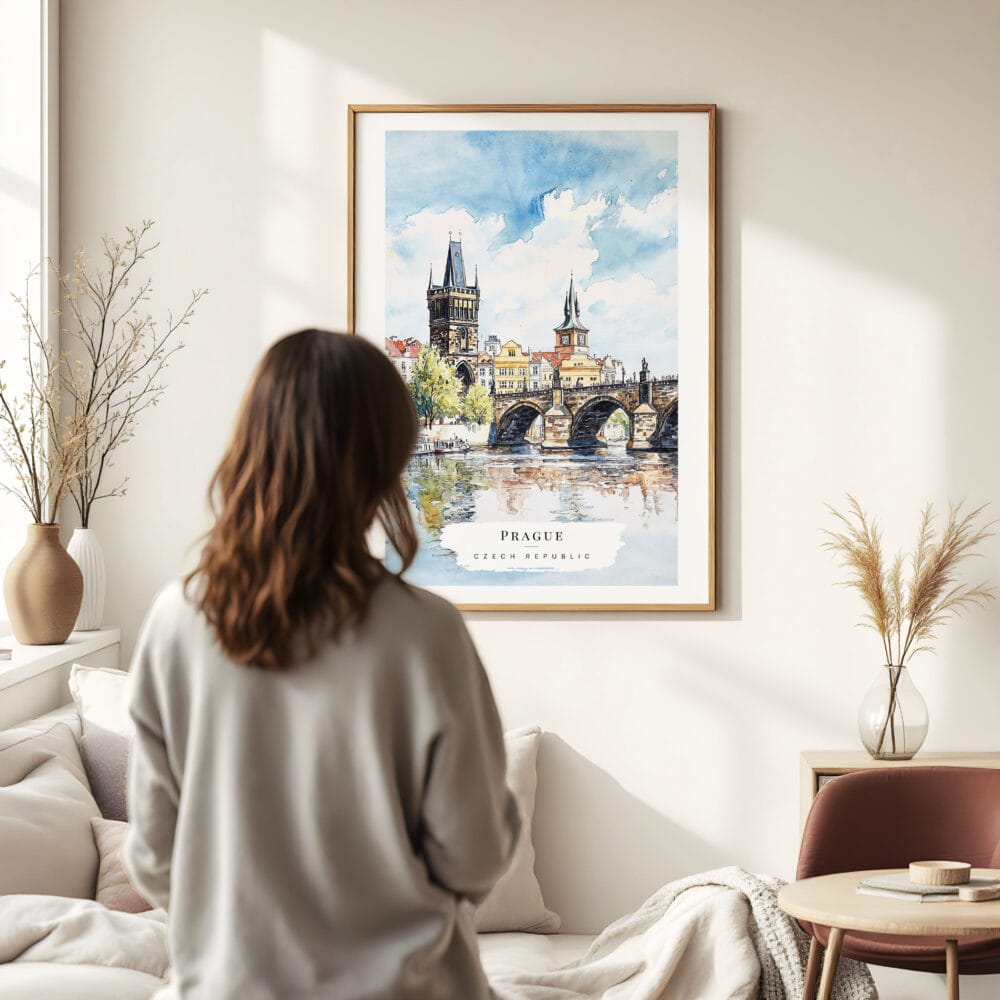 Woman standing in front of Prague Charles Bridge Watercolor Art Print Woman standing in front of Prague Charles Bridge Watercolor Art Print