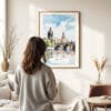 Woman standing in front of Prague Charles Bridge Watercolor Art Print