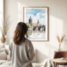 Woman standing in front of Prague Charles Bridge Watercolor Art Print