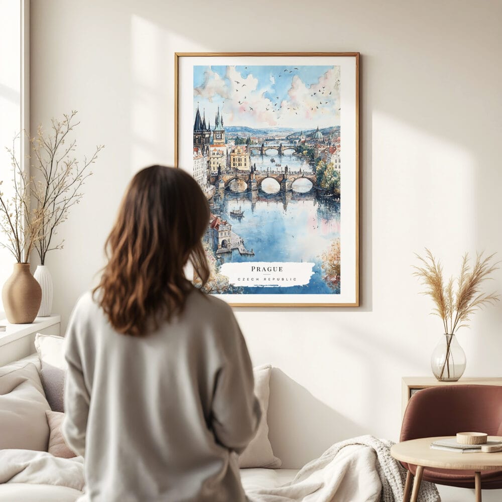Woman standing in front of Prague Skyline Watercolor Art Print Woman standing in front of Prague Skyline Watercolor Art Print