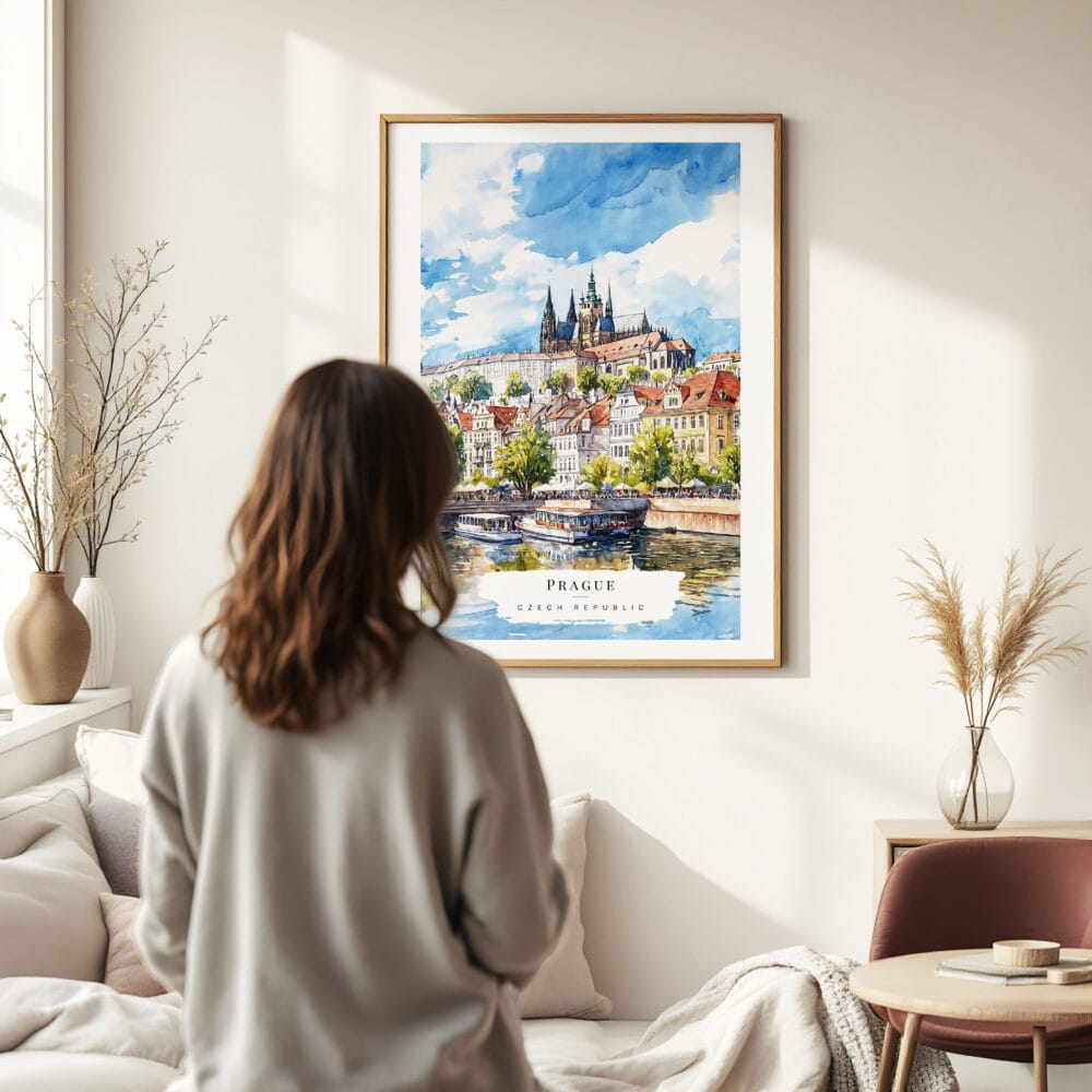 Woman standing in front of Prague St Vitus Cathedral Watercolor Art Print Woman standing in front of Prague St Vitus Cathedral Watercolor Art Print