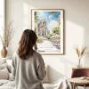 Woman standing in front of Sagrada Familia Watercolor Art Print