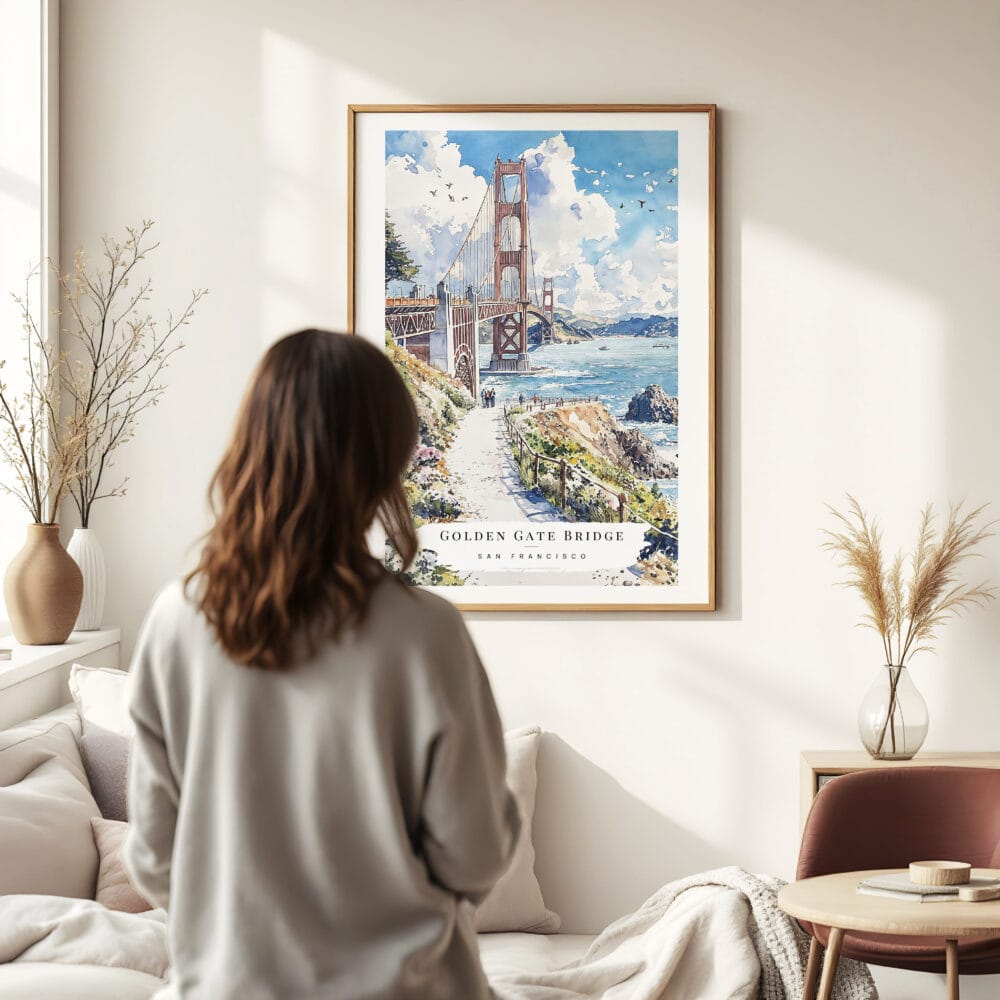 Woman standing in front of San Francisco Golden Gate Bridge Watercolor Art Print Woman standing in front of San Francisco Golden Gate Bridge Watercolor Art Print